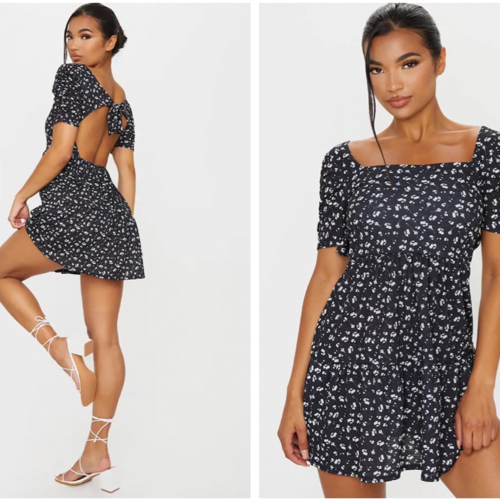Prettylittlething Black floral open back dress